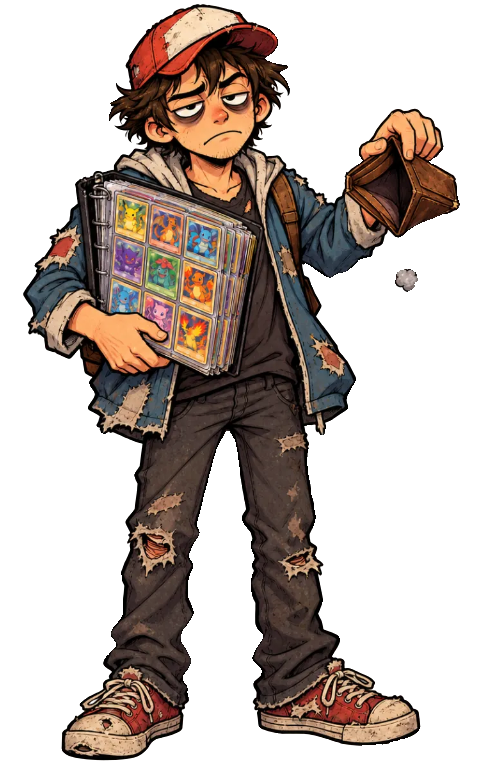 Poke Broke: a scruffy collector in a faded cap and patched jacket, hugging a full card binder while holding an empty wallet upside down